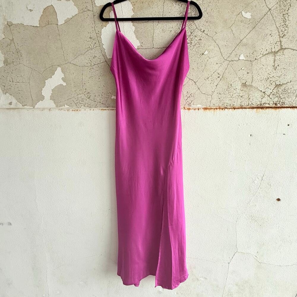 Satin Slip Dress Fuchsia Cowl Neck Midi Side Slit Women M Wedding Guest Date NWT